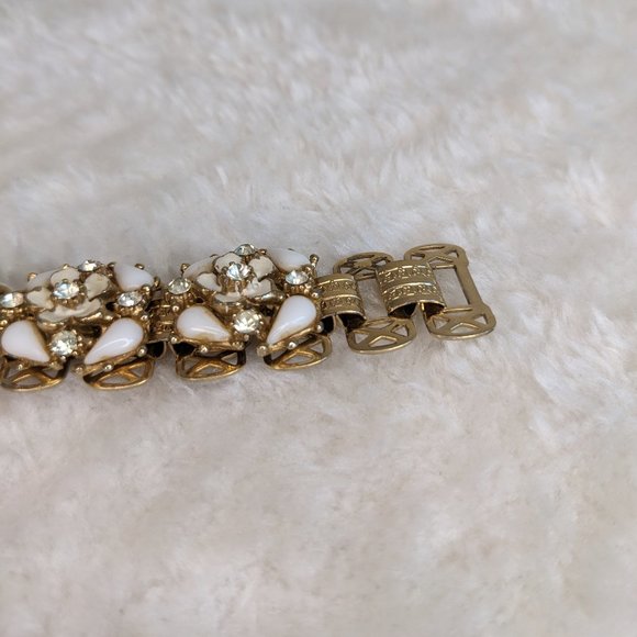 Vintage Enamel Wild Rose, Milk Glass, & Rhinestone Book Chain Gold Tone Bracelet - Picture 2 of 5